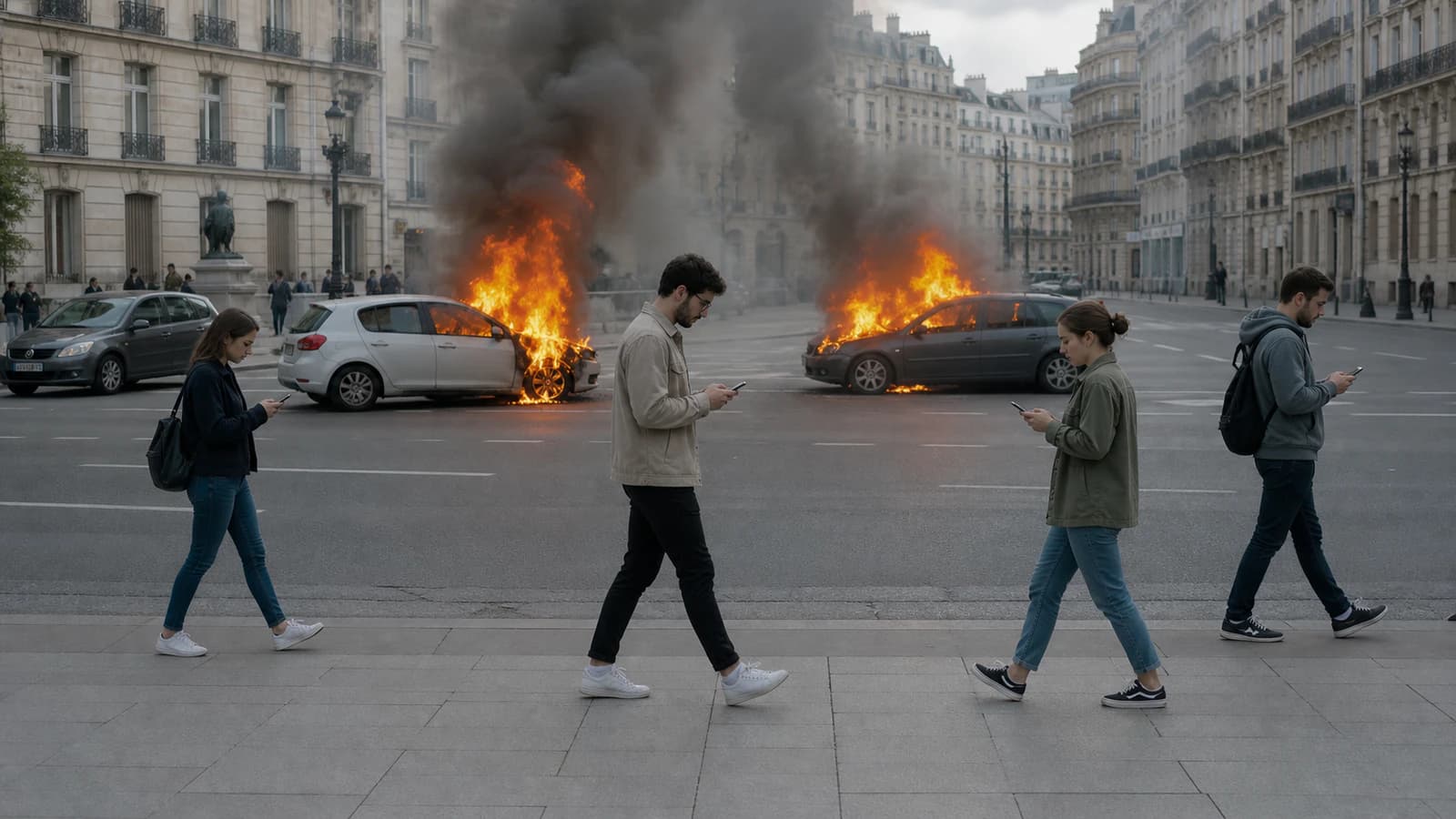 Kansei Magazine Numero 002 — Imperi: passanti assorbiti dagli smartphone mentre due auto bruciano alle loro spalle